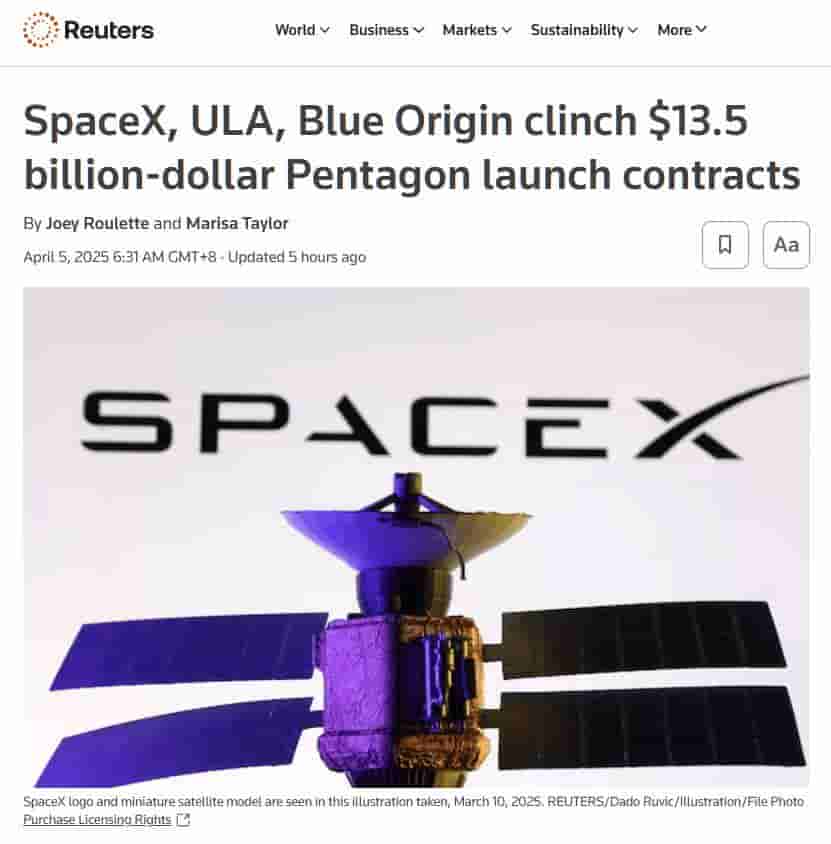 美太空军135亿火箭发射大单，SpaceX