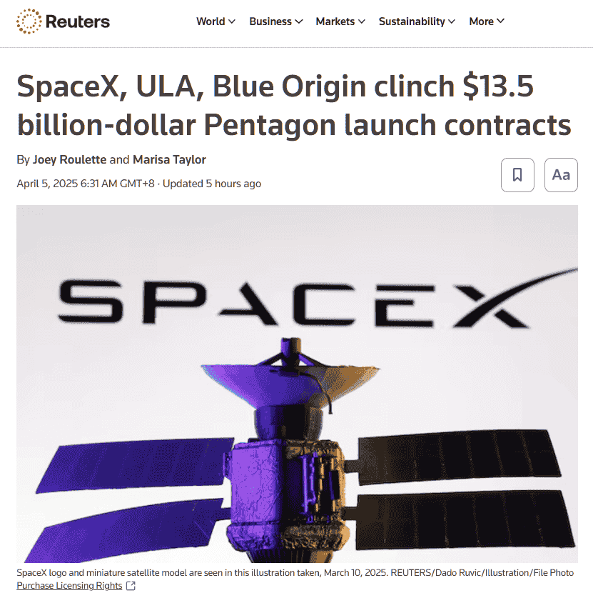 美太空军135亿美元大单，SpaceX、蓝