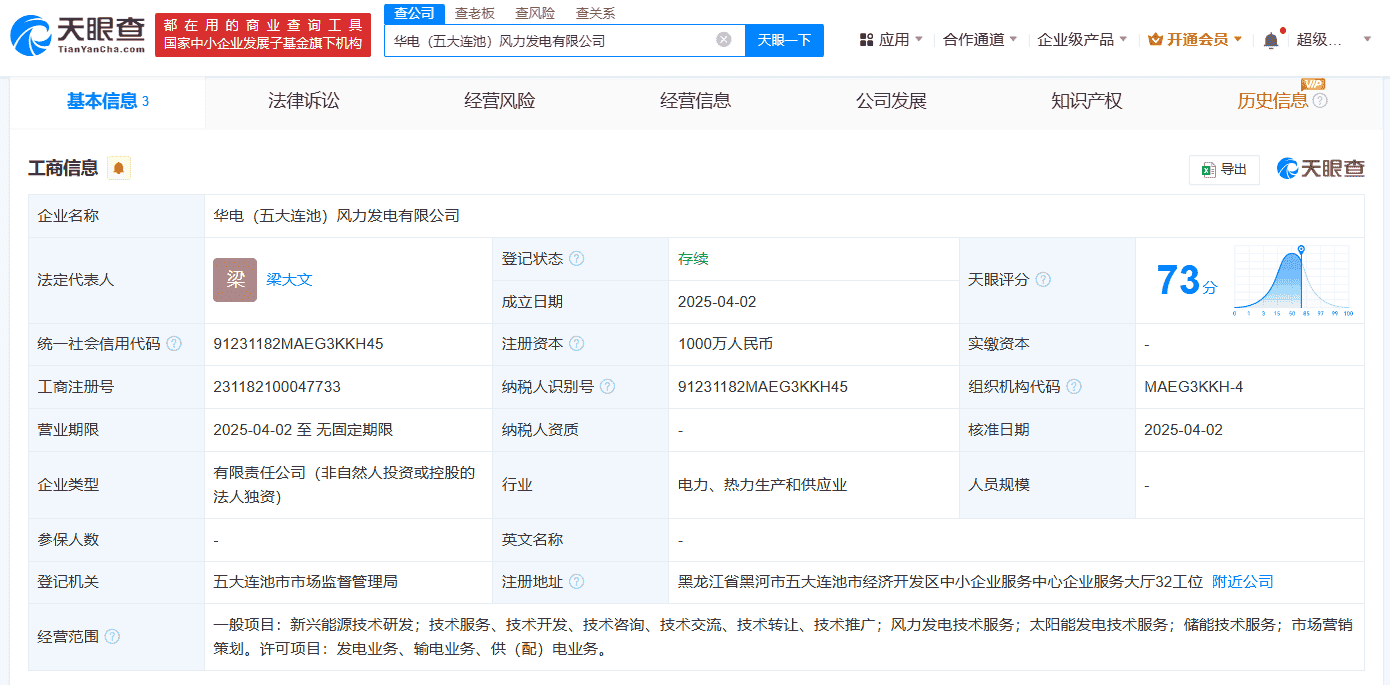 华电能源五大连池新公司启航，注册资本高达千万