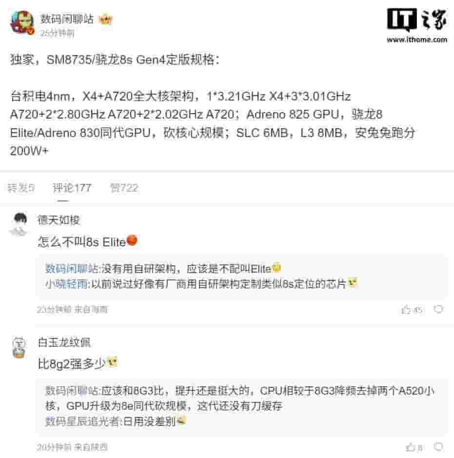 高通骁龙8s Gen 4规格曝光：X4+A720全大核，性能如何？