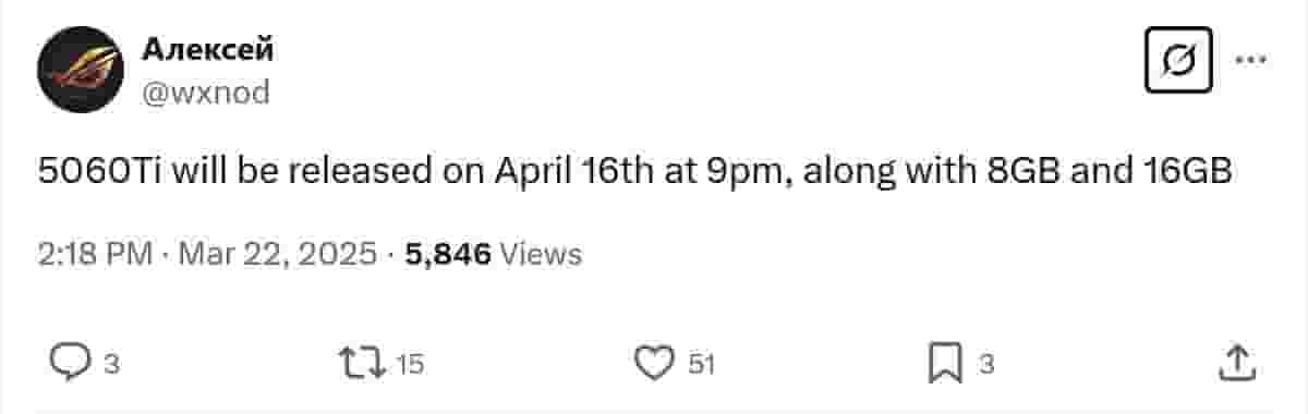 英伟达RTX 5060 Ti显卡4月16日发布：8GB与16GB版齐亮相