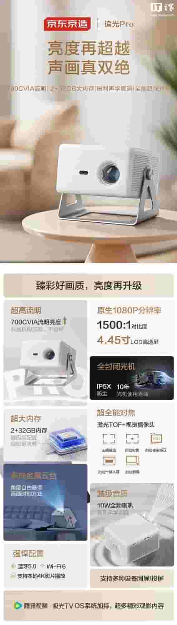 追光Pro投影仪亮相：700CVIA高亮+金属云台，仅售1299元