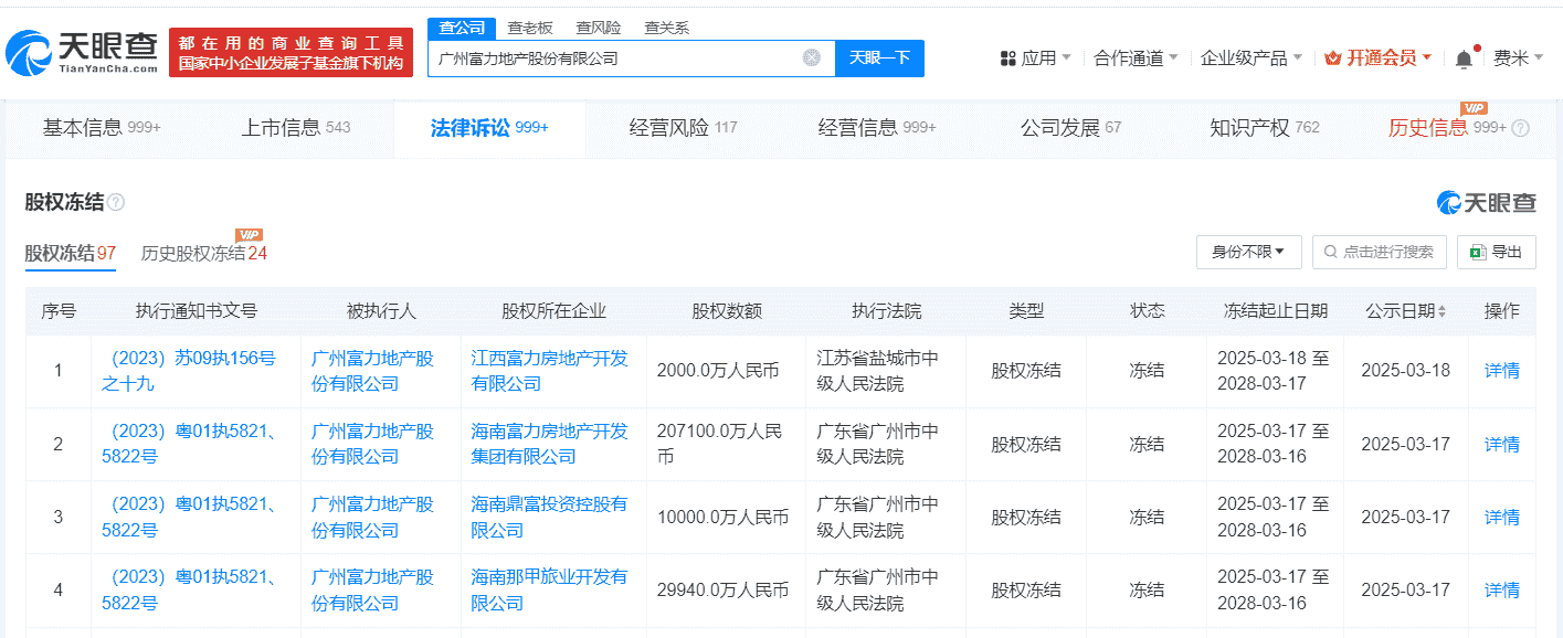 富力地产24.9亿股权遭冻结，资金困境引发市场关注
