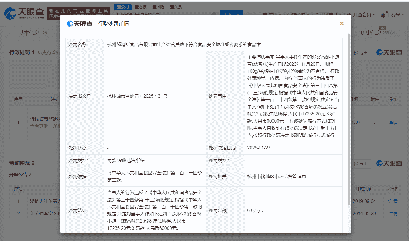 百草味关联公司被罚6万,没收不合格小豌豆及违法所得7.7万余元