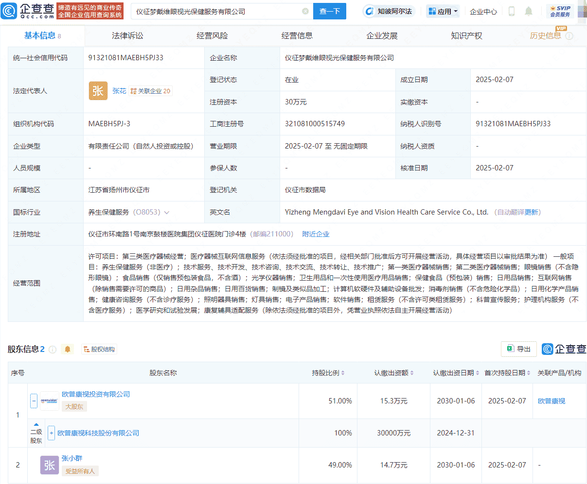 欧普康视等投资成立眼视光保健服务公司