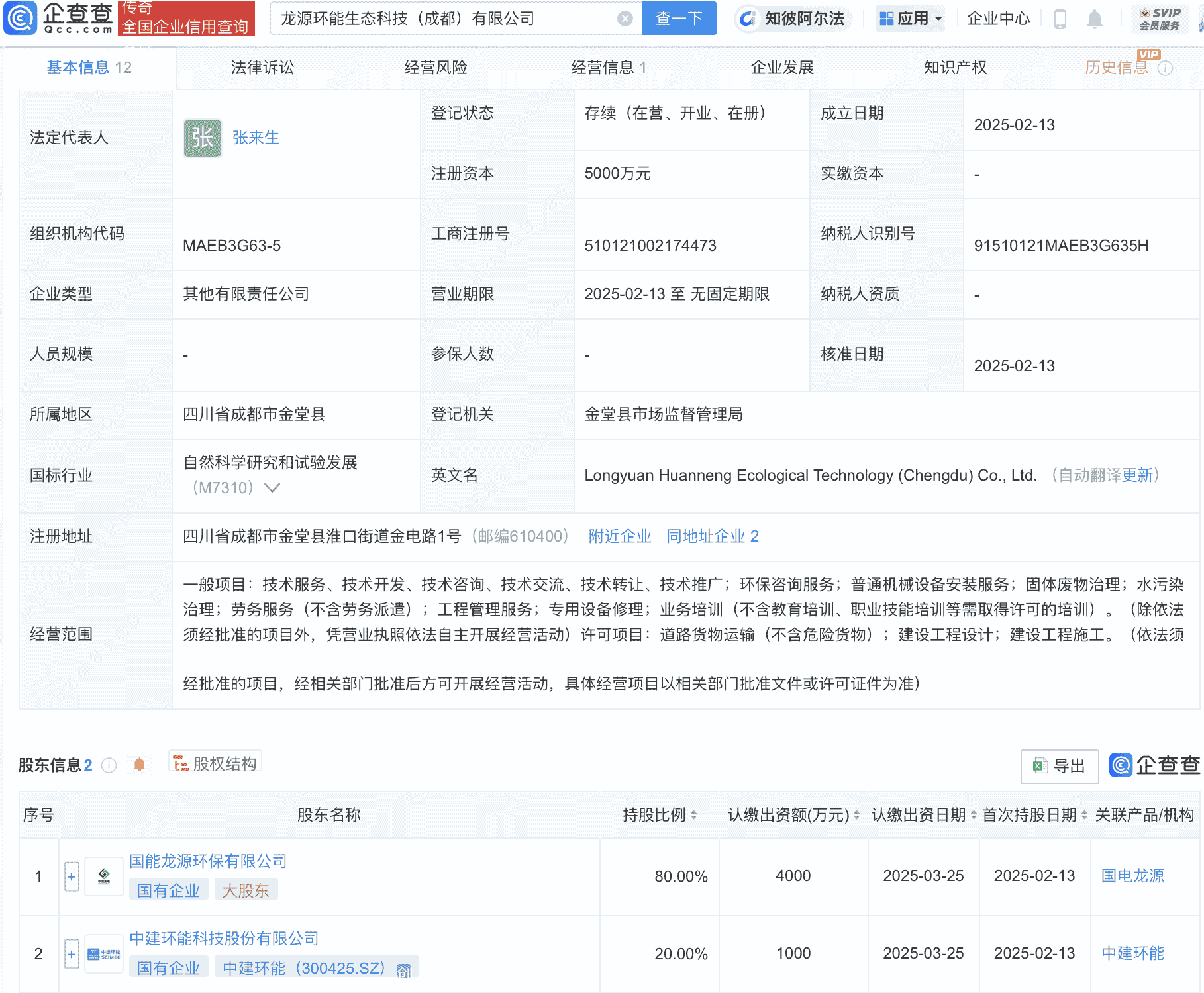 中建环能等成立生态科技新公司