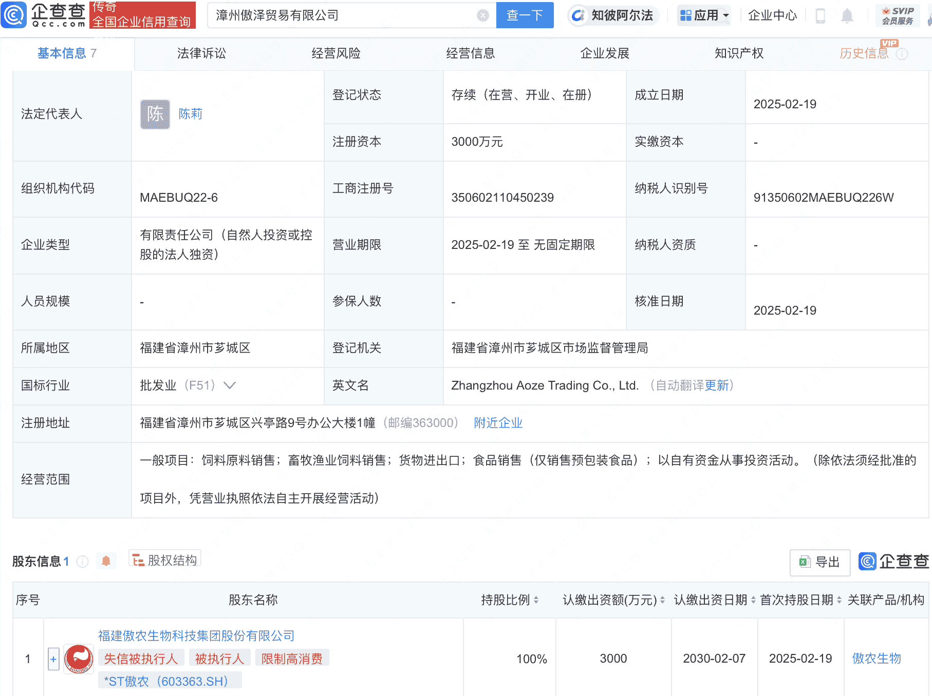 *ST傲农全资成立新贸易公司，漳州傲泽贸易注册资本达3000万