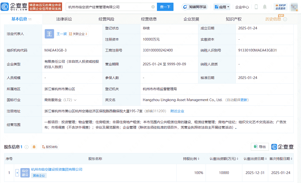 杭州临空建设投资集团斥资1亿，新设资产经营管理公司