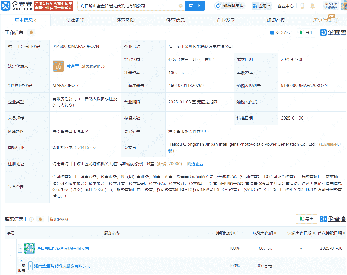 金盘科技布局新能源，海口成立智能光伏发电新公司