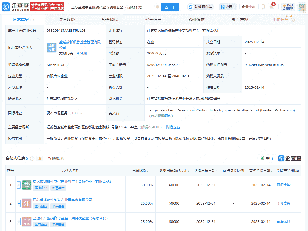 江苏盐城绿色低碳产业专项母基金成立，出资额20亿