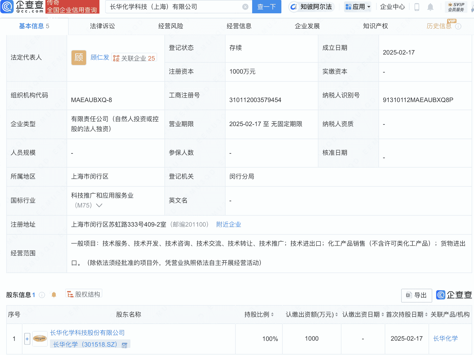长华化学于上海新成立科技子公司，注册资本达千万