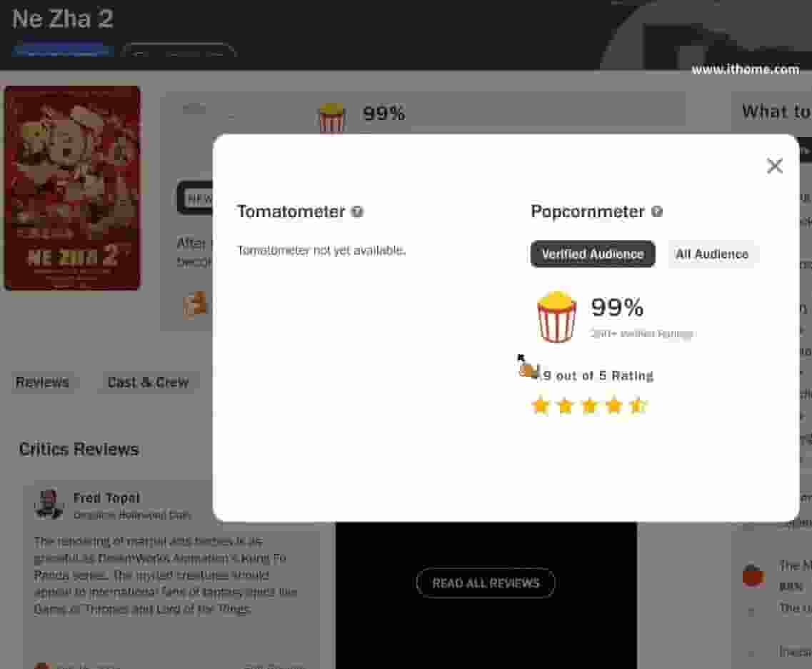 《哪吒之魔童闹海》海外热映，烂番茄爆米花指数高达99%获赞无数