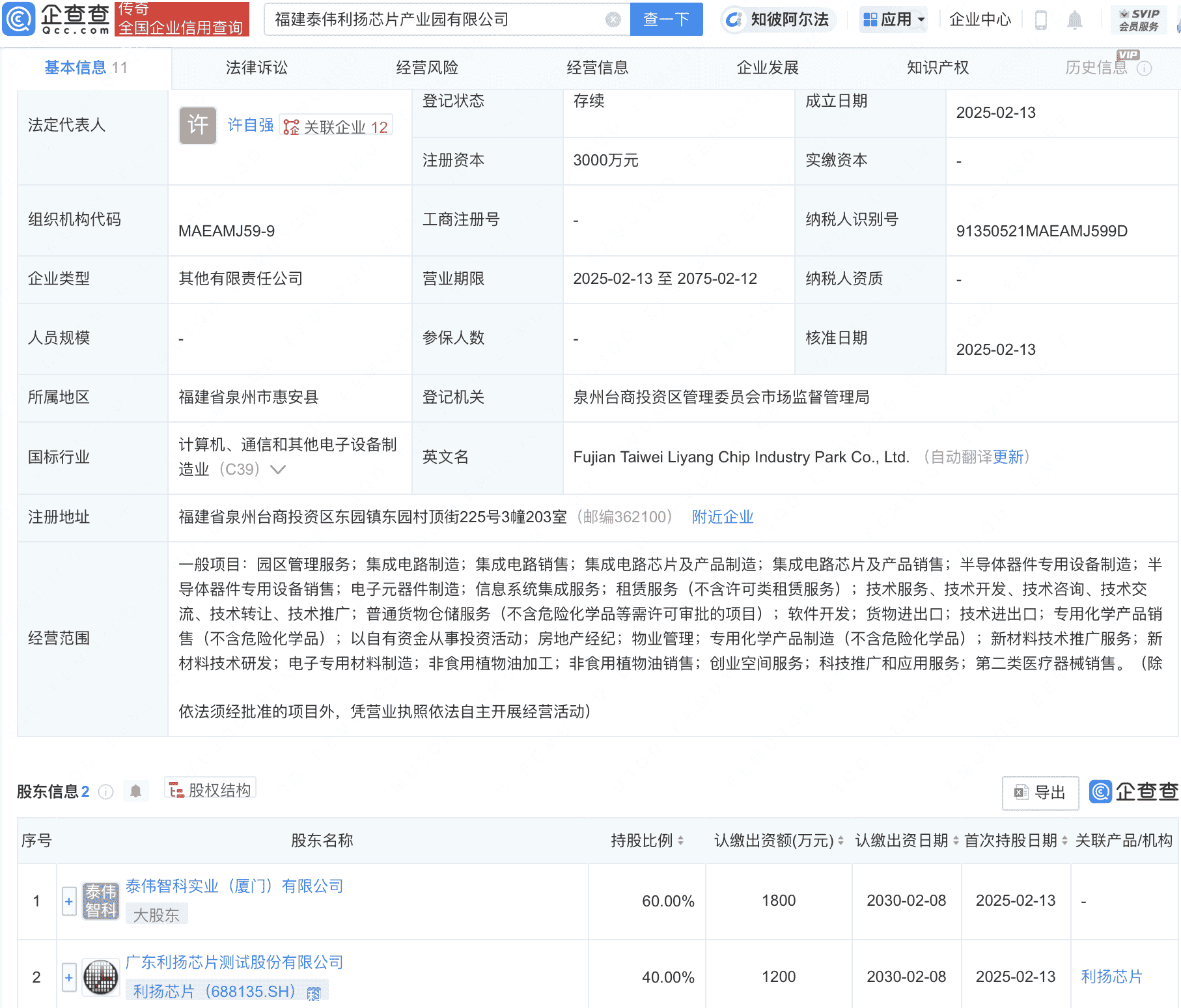 利扬芯片参设新公司，含多项集成电路业务