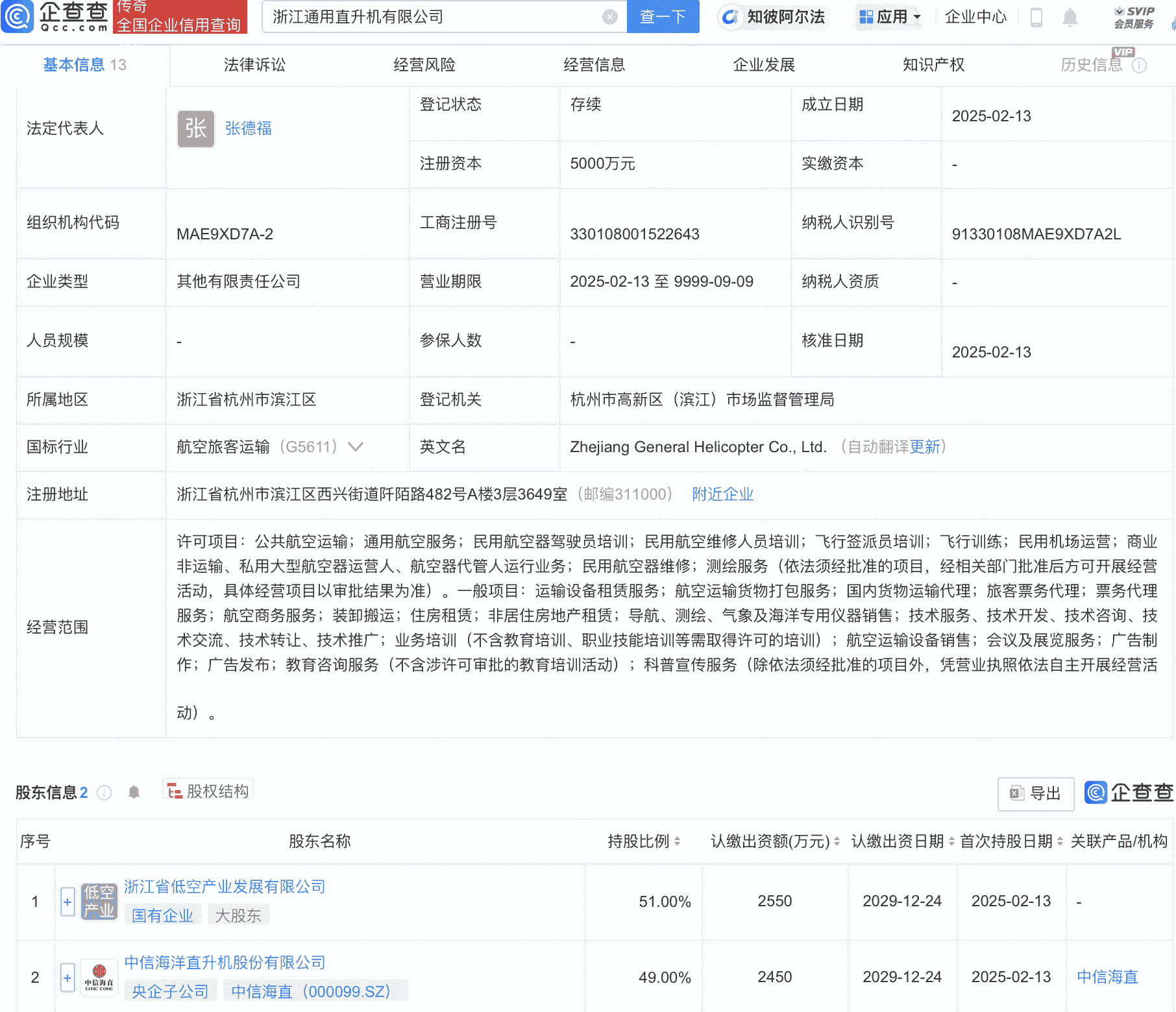 中信海直在浙江参设通用直升机公司