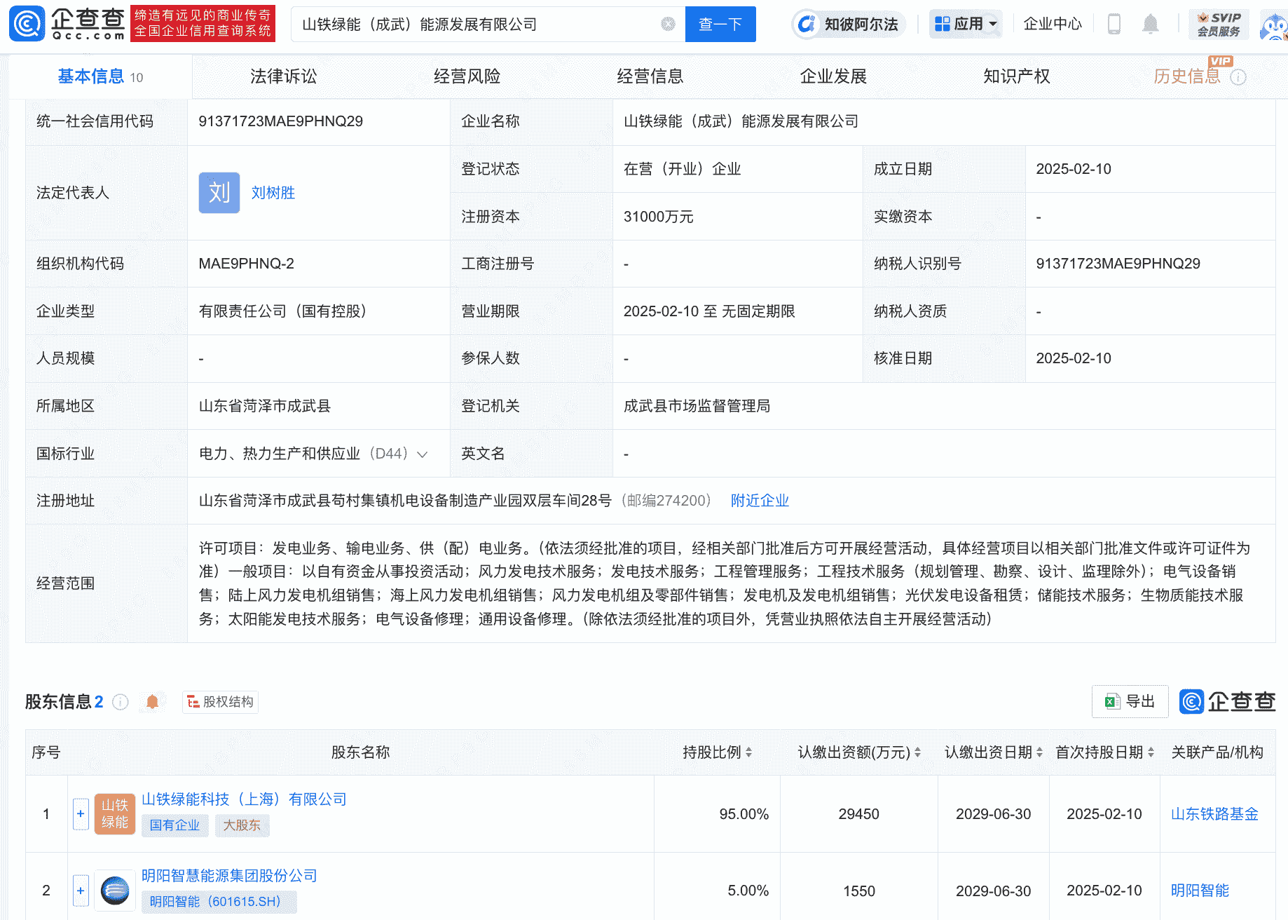 山铁绿能（成武）成立，山东铁路发展基金