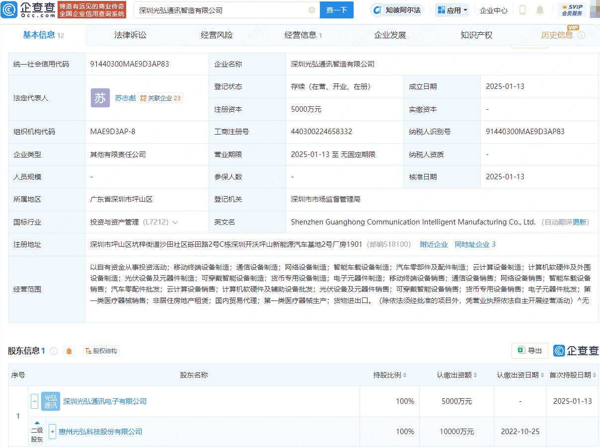 光弘科技新动作：通讯智造公司正式成立，注册资本高达5000万