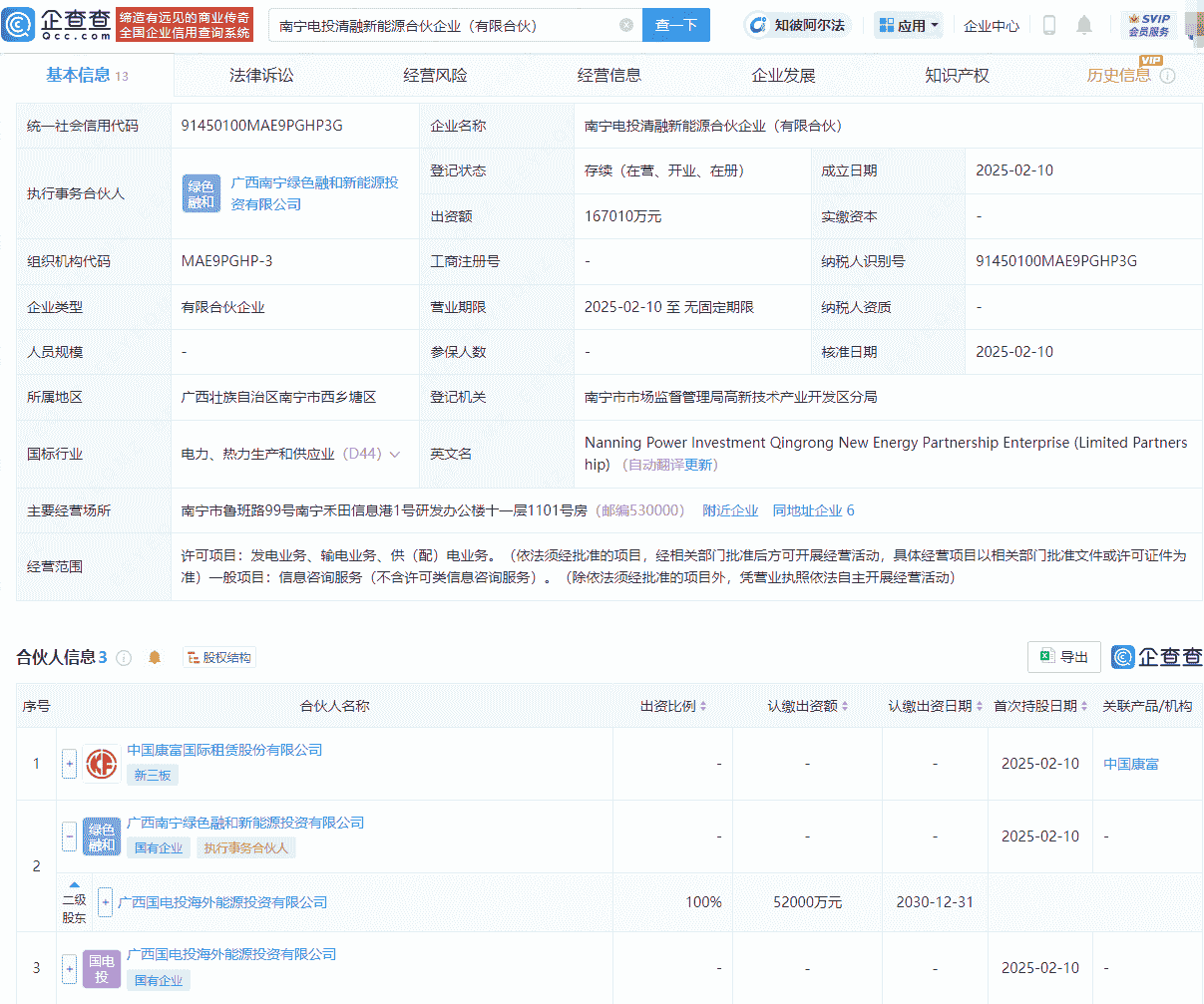 中国康富等在南宁投资成立新能源合伙企业，出资额16.7亿