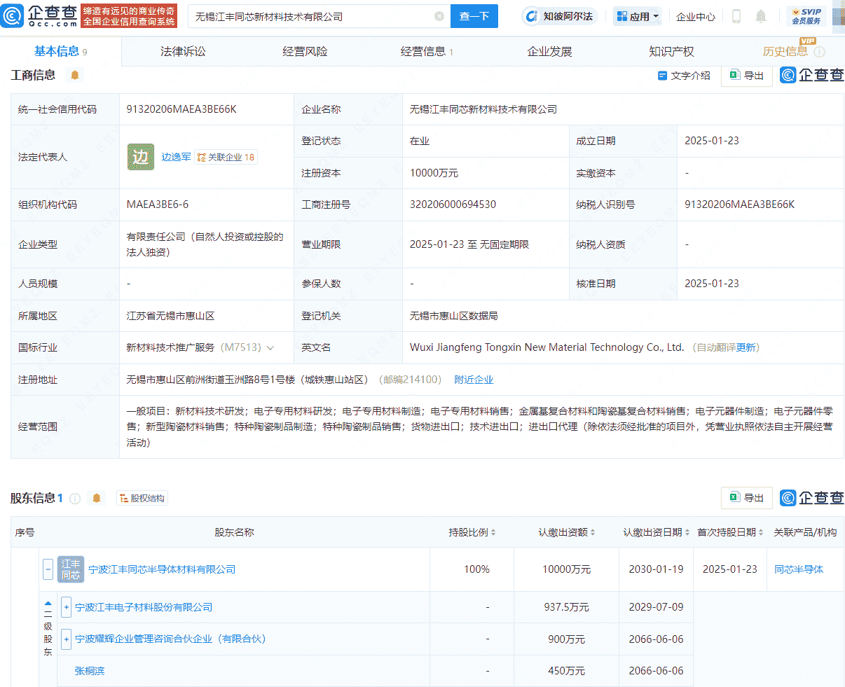 江丰电子等投资成立新材料技术公司，注册资本1亿元