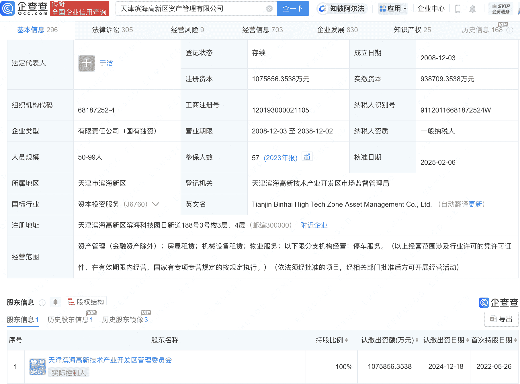 天津滨海高新区资产管理公司注册资本增至107.6亿