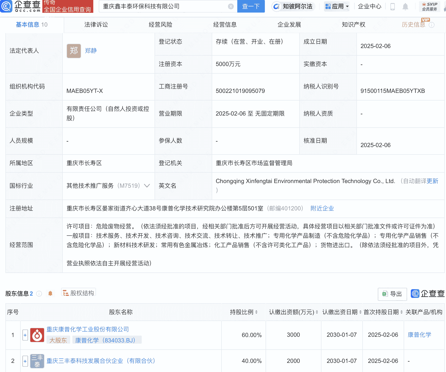 康普化学投资新设环保科技公司