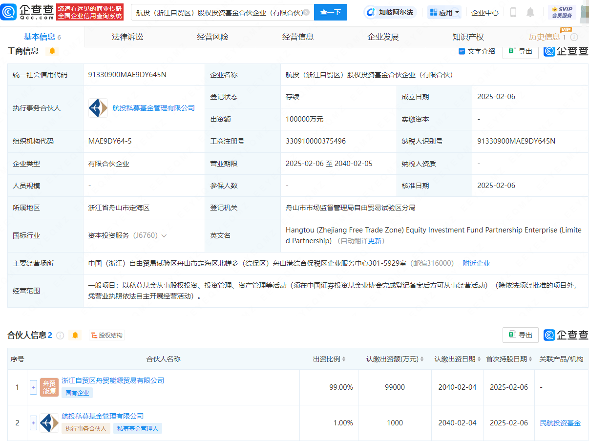 航投浙江自贸区股权投资基金成立，出