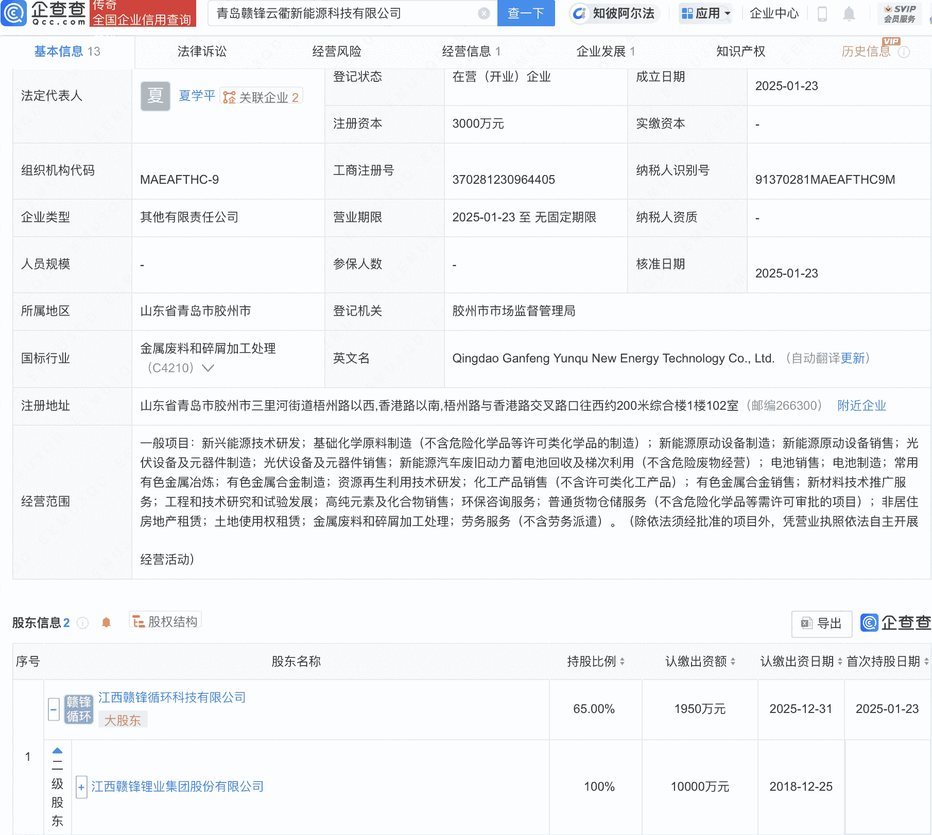 赣锋锂业等在青岛成立新能源科技公司