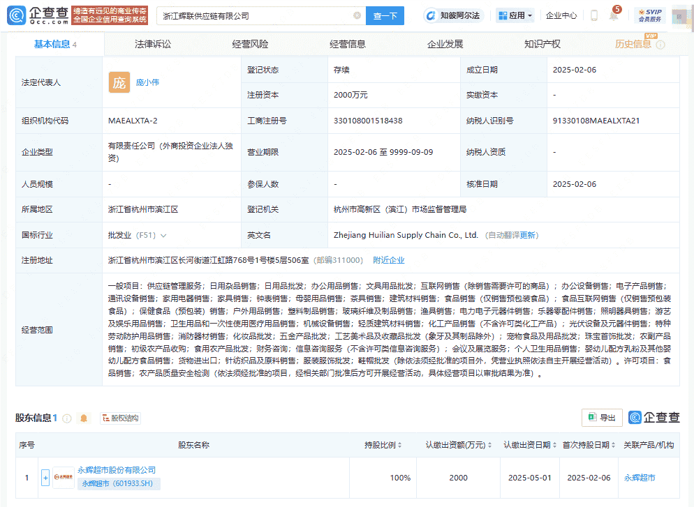永辉超市全资子公司辉联供应链成立