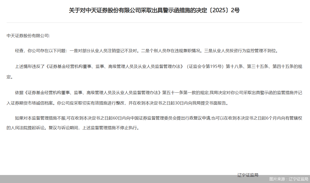 中天证券违规行为遭警示：从业人员管