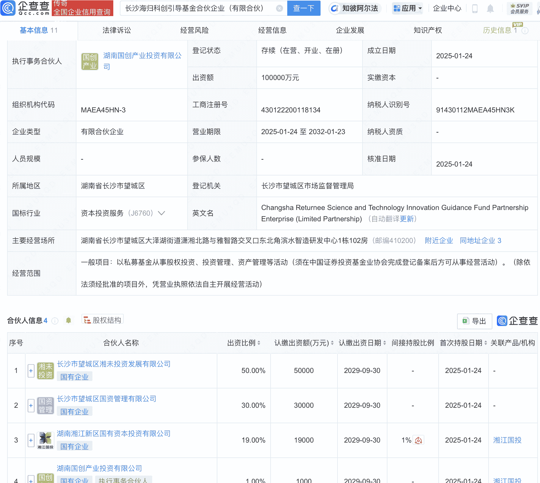 长沙海归科创引导基金合伙企业登记成立