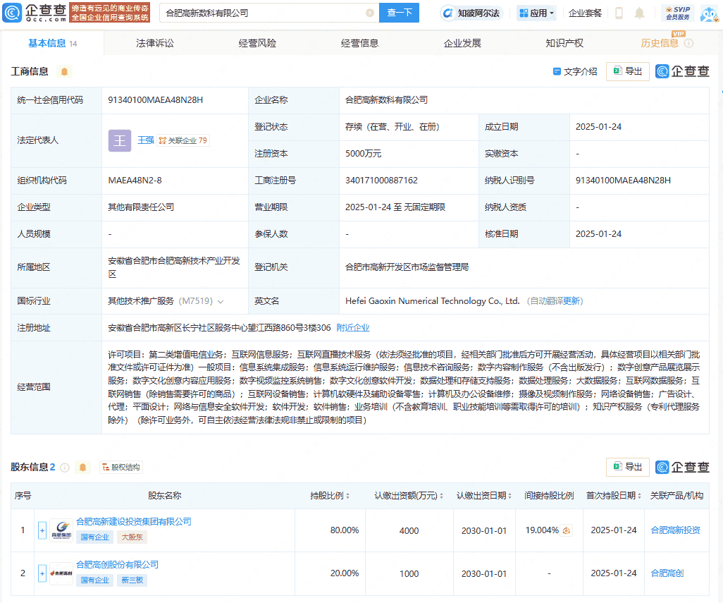 合肥高新数科公司登记成立，含信息系统集成服务业务