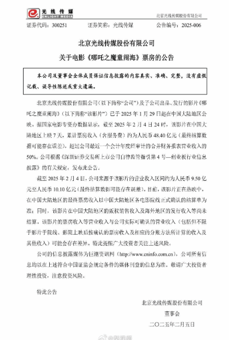 《哪吒之魔童闹海》票房破48亿，光线传媒营收预估近十亿！
