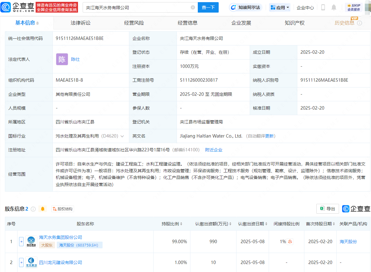 海天股份携手龙元建设，新成立水务公
