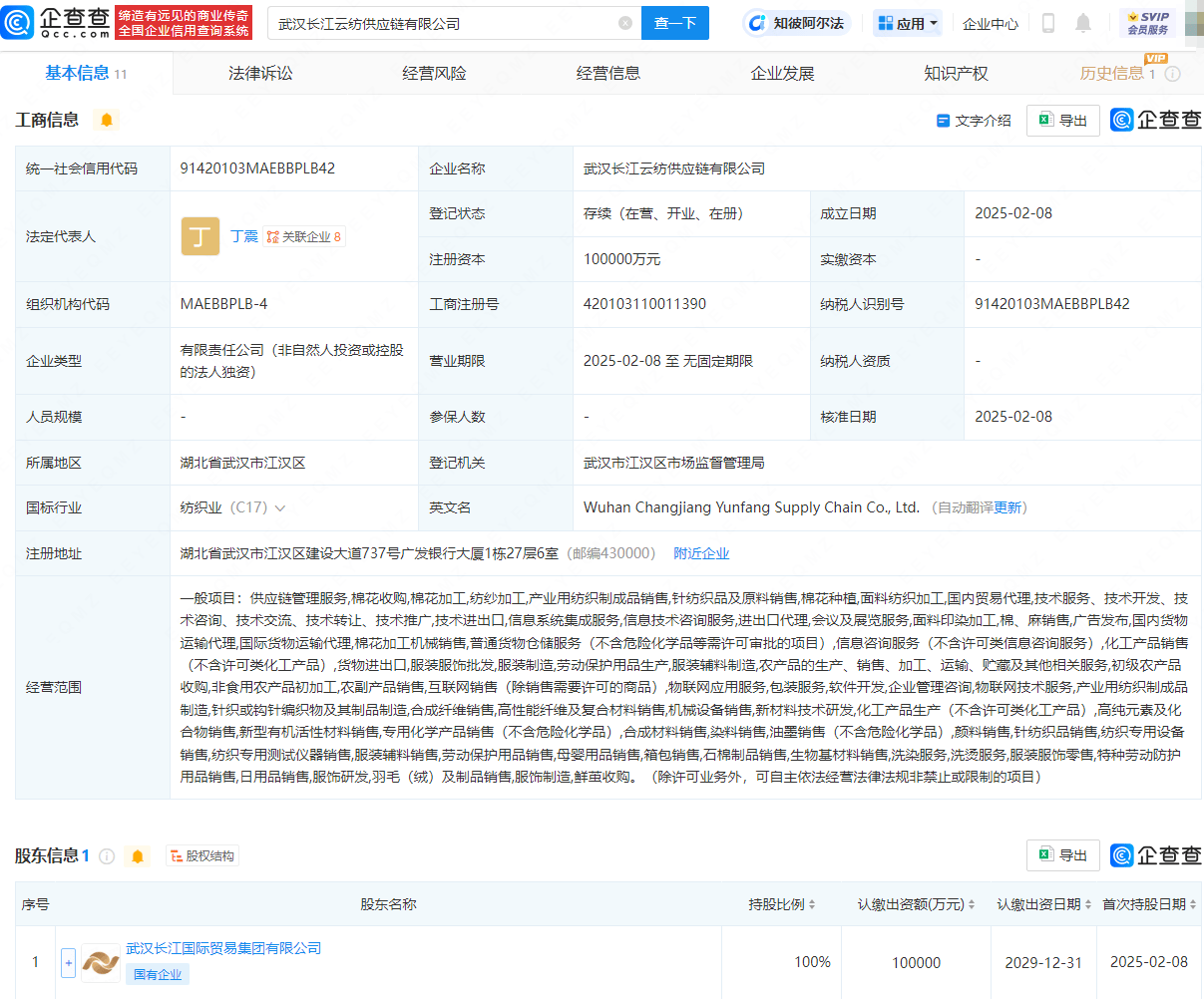 长江国贸集团斥资10亿，新设云纺供应链公司深耕纺织业