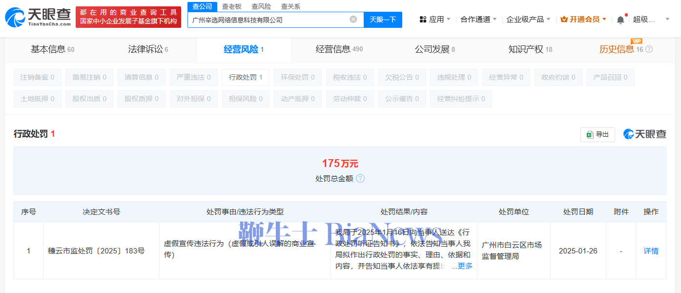 辛巴掌控公司因虚假宣传遭重罚175万